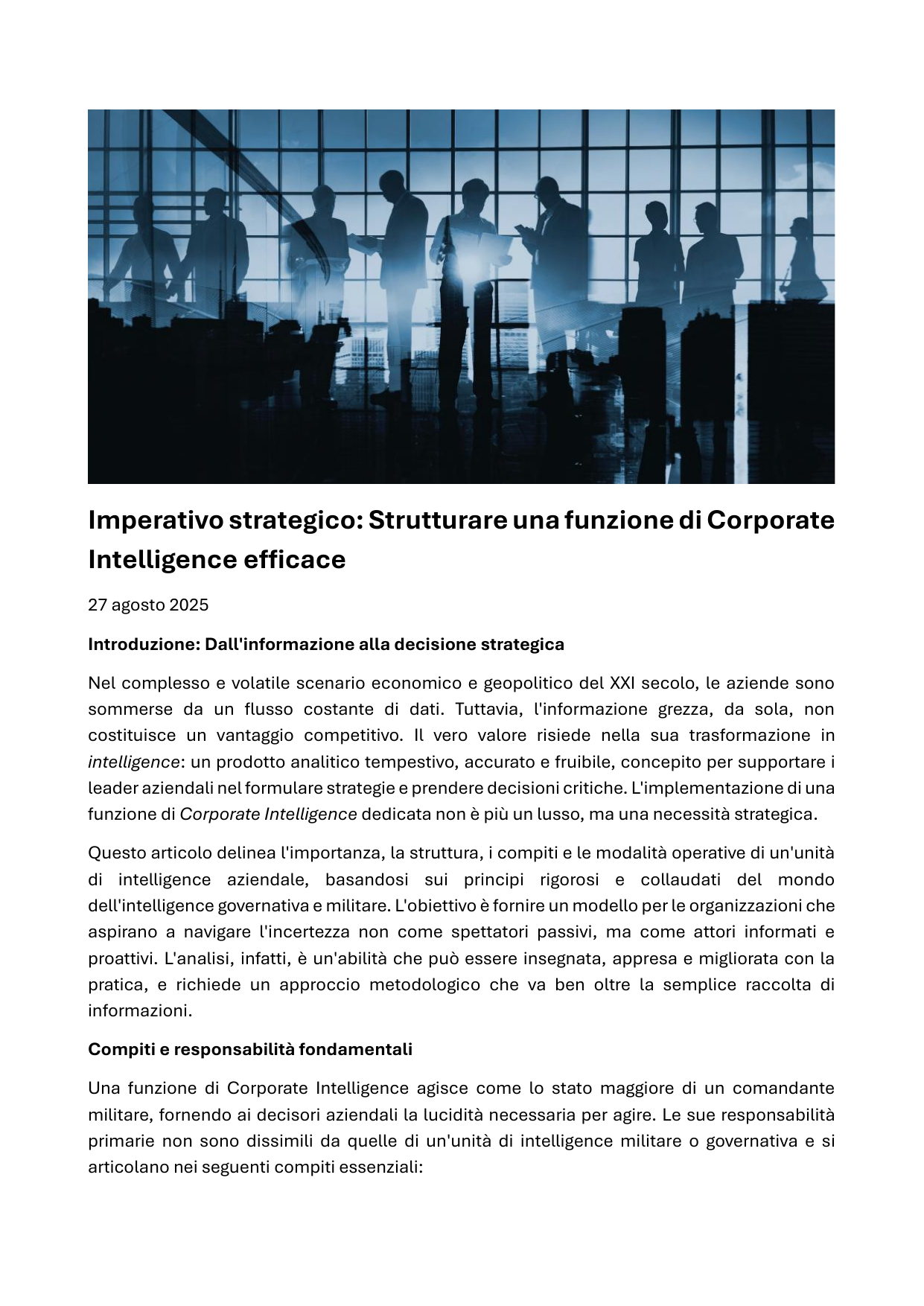 Copertina di Imperativo strategico — strutturare una funzione di Corporate Intelligence efficace