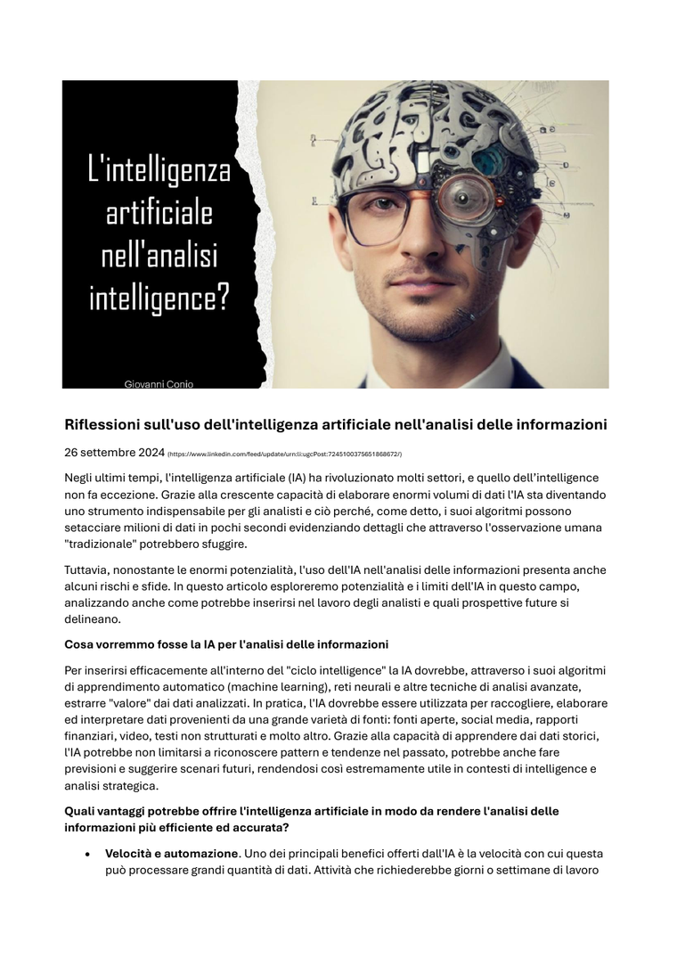 Copertina di Riflessioni sull’uso dell’intelligenza artificiale nell’analisi delle informazioni